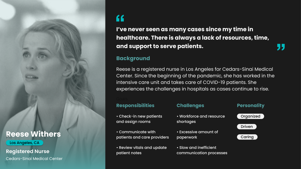 Reese Withers persona - a registered nurse representing frontline workers