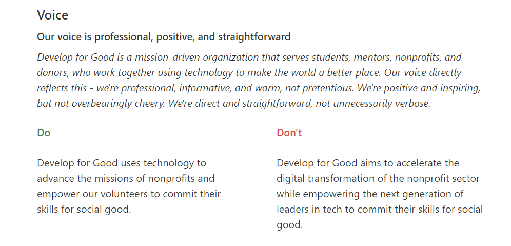 DFG voice guidelines defining professional, positive, and straightforward tone