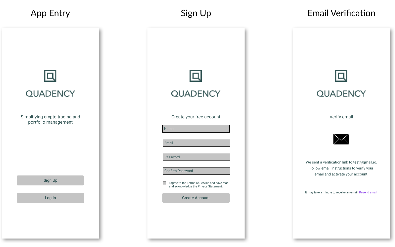 Lo-fi wireframes showing app entry, sign up, and email verification screens