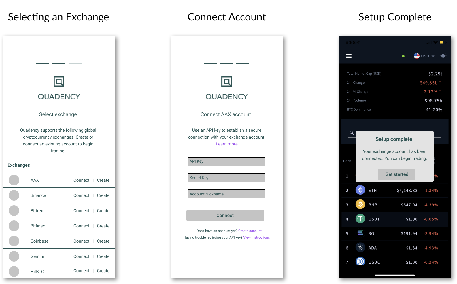 Lo-fi wireframes showing exchange selection, account connection, and setup complete screens