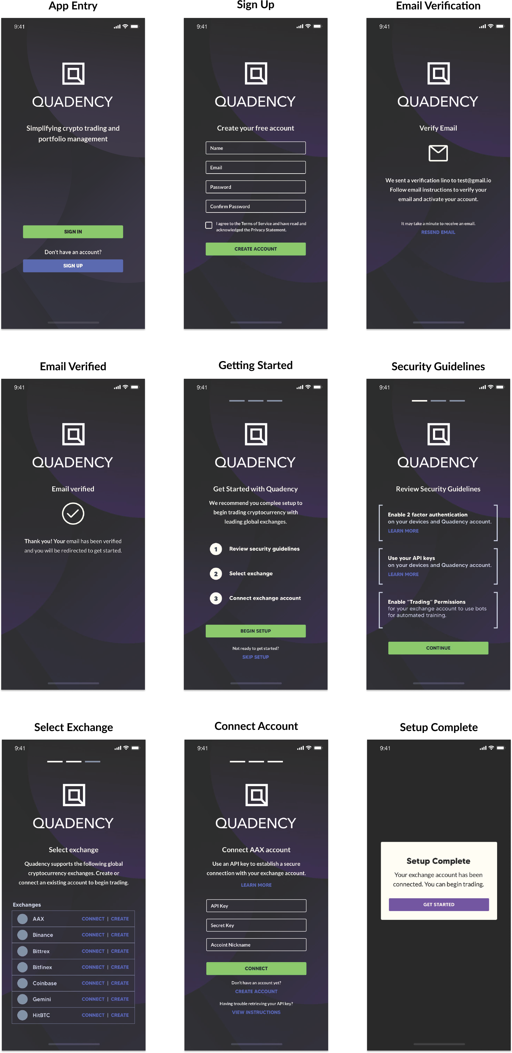 Final prototype screens for the Quadency onboarding flow